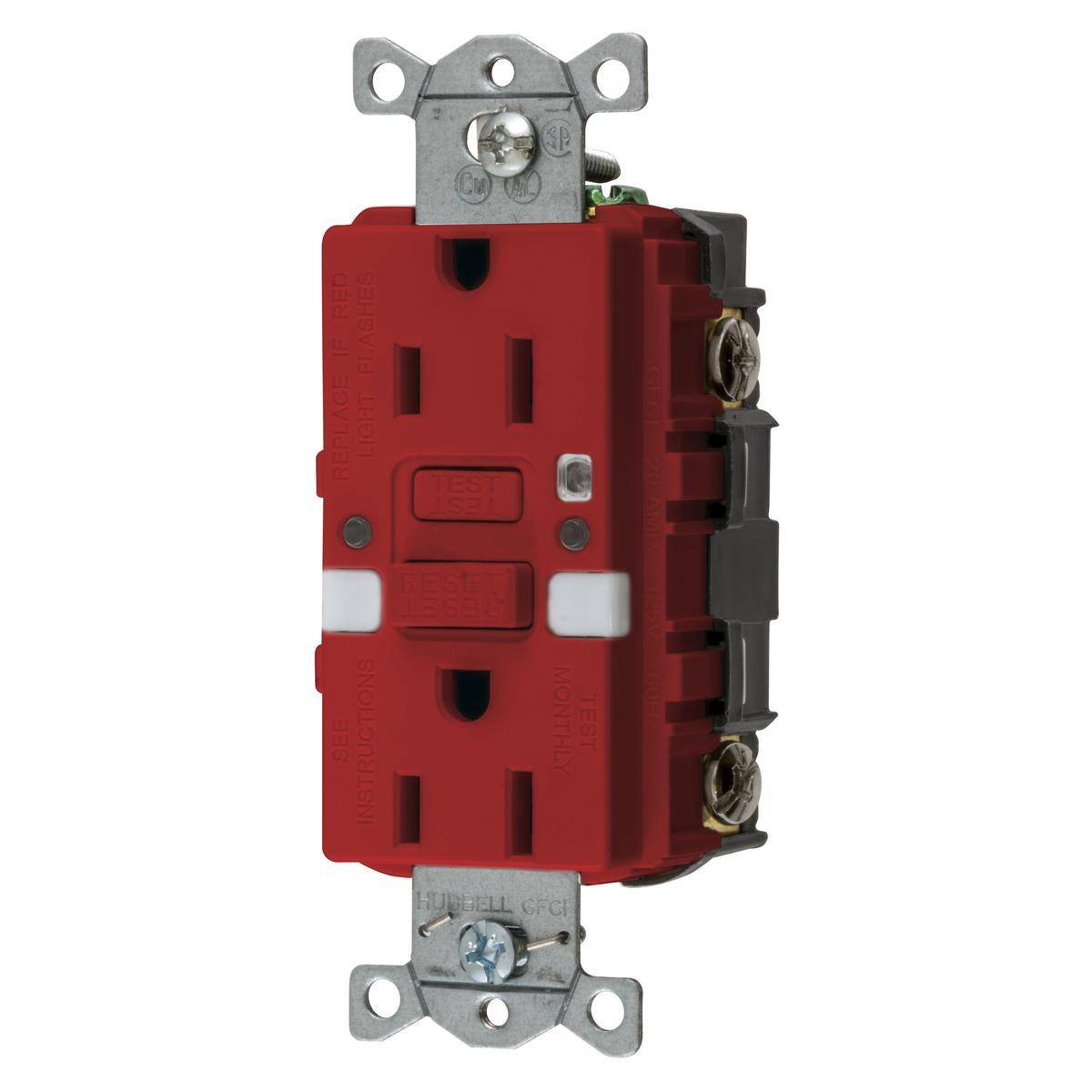 Bryant Electric AUTOGUARD® GFRST15RNL Auto Grounding Heavy Duty Self-Test Standard GFCI Receptacle With (2) LED Night Lights, 125 VAC, 15 A, 2 Poles, 3 Wires, Red