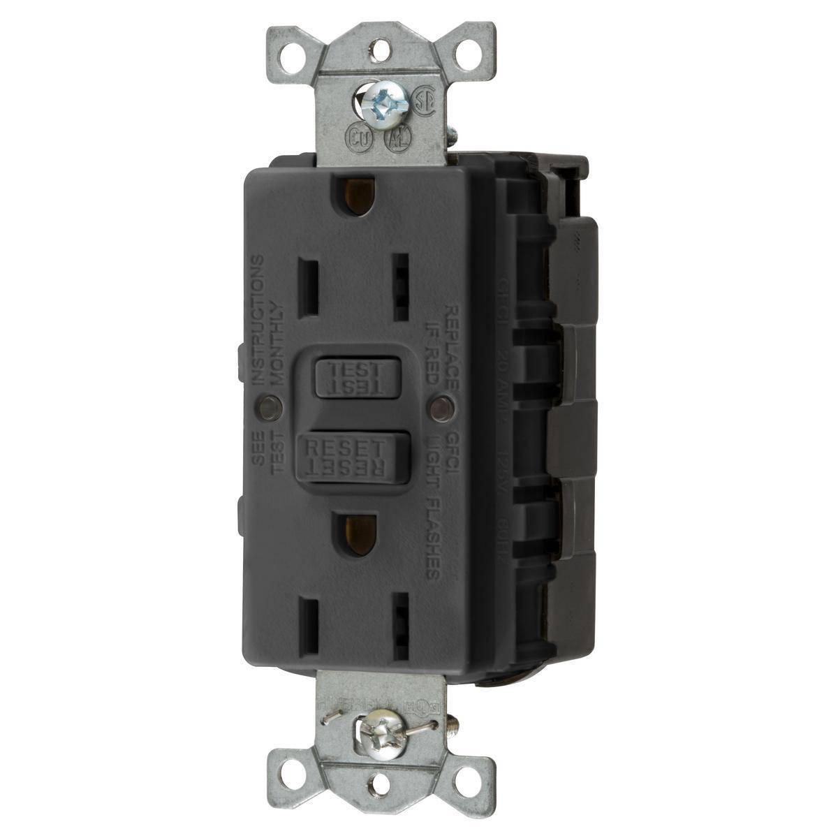 Wiring Device-Kellems GFRST15SNAPBK 1-Phase Heavy Duty Standard Self-Test GFCI Receptacle, 125 VAC, 15 A, 2 Poles, 3 Wires, Black