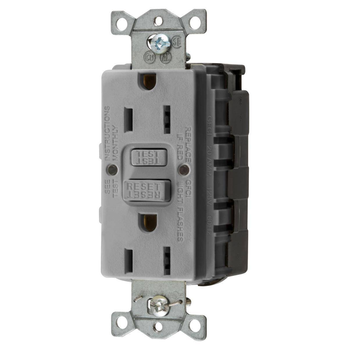 Wiring Device-Kellems GFRST15SNAPGY 1-Phase Heavy Duty Standard Self-Test GFCI Receptacle, 125 VAC, 15 A, 2 Poles, 3 Wires, Gray