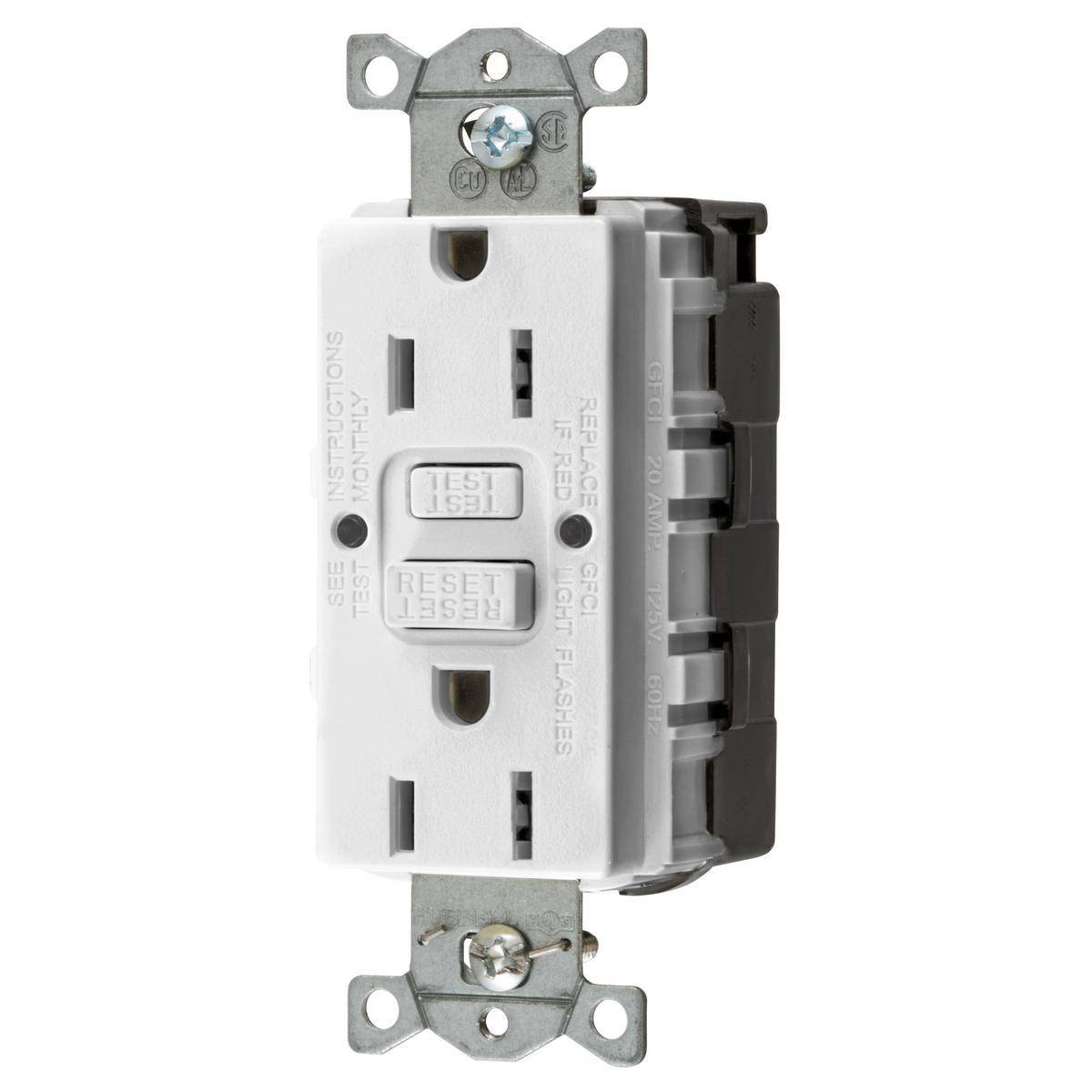 Wiring Device-Kellems SNAPConnect® Style Line® GFRST15SNAPWNA Duplex Heavy Duty Self-Test GFCI Receptacle, 125 VAC, 15 A, 2 Poles, 3 Wires, White