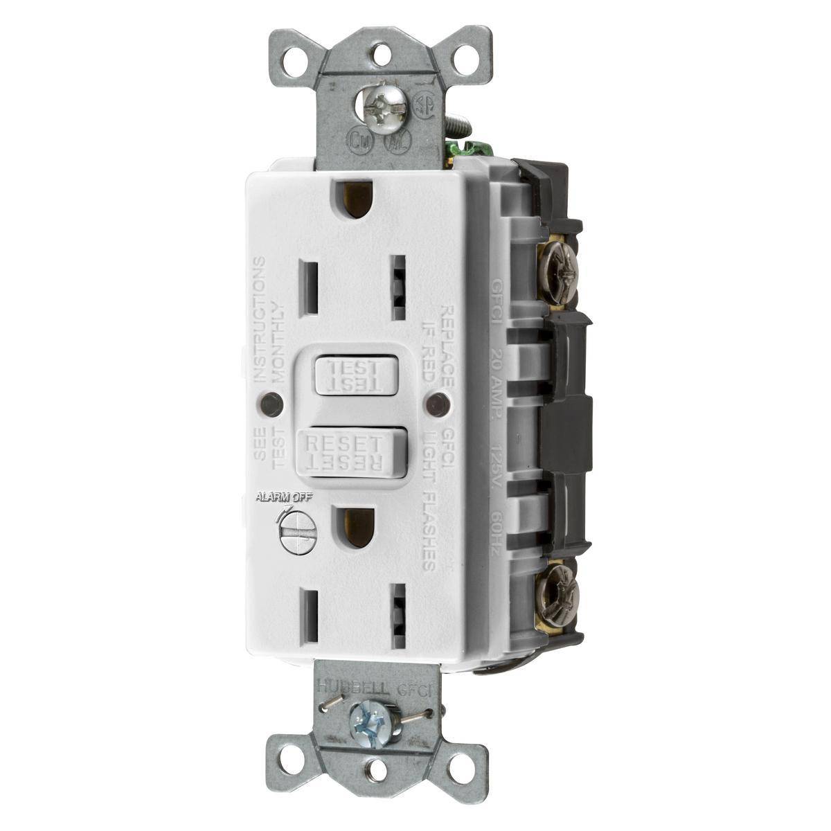 Wiring Device-Kellems AUTOGUARD® Style Line® GFRST15WB 1-Phase Heavy Duty Standard Self-Test Screw Mount GFCI Receptacle With Alarm, 125 VAC, 15 A, 2 Poles, 3 Wires, White