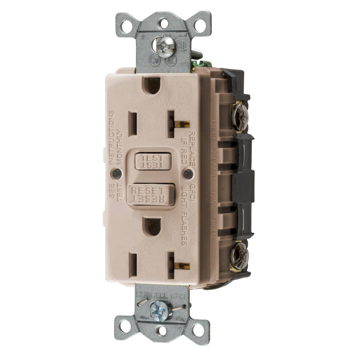 Bryant Electric CIRCUITPRO® GFRST20ALU Grounding Self-Test Standard GFCI Receptacle, 125 VAC, 20 A, 2 Poles, 3 Wires, Almond