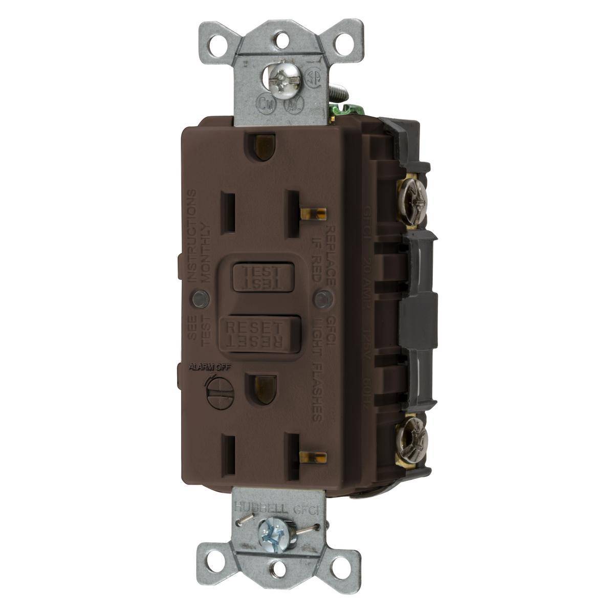 Wiring Device-Kellems AUTOGUARD® Style Line GFRST20B Duplex Heavy Duty Self-Test Standard Straight Blade GFCI Receptacle With Alarm, 125 VAC, 20 A, 2 Poles, 3 Wires, Brown