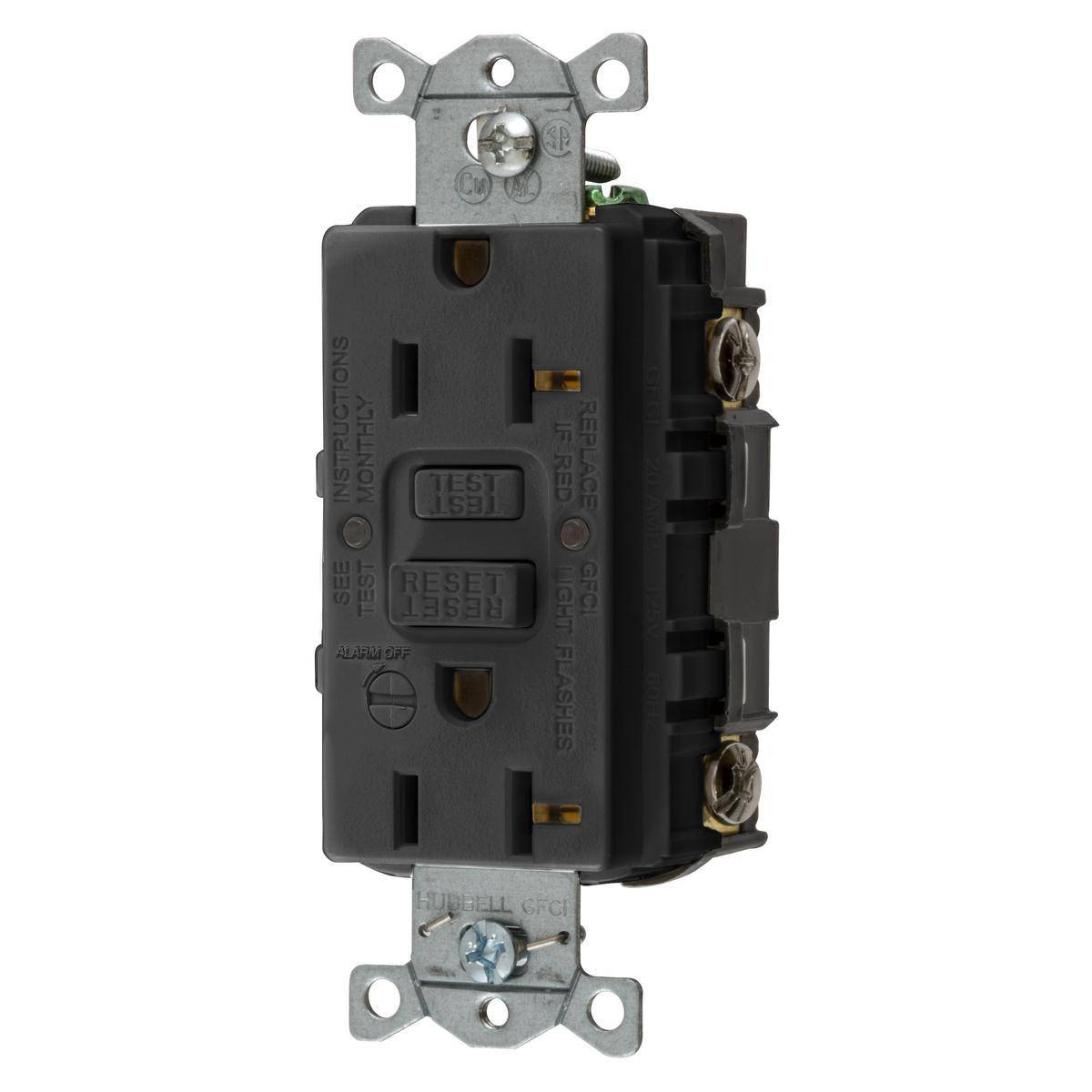 Bryant Electric CIRCUITPRO® GFRST20BKB 1-Phase Decorator Duplex Grounding Heavy Duty Self-Test Standard GFCI Receptacle With Alarm, 125 VAC, 20 A, 2 Poles, 3 Wires, Black