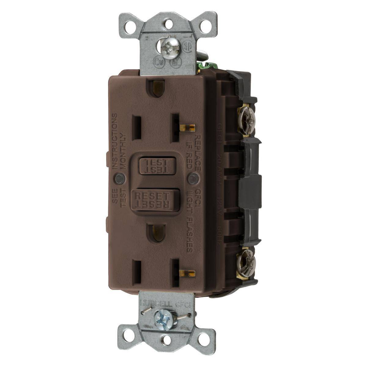 Wiring Device-Kellems AUTOGUARD® Style Line® GFRST20BULK 1-Phase Decorator Duplex Heavy Duty Standard Straight Blade Self-Test Screw Mount GFCI Receptacle, 125 VAC, 20 A, 2 Poles, 3 Wires, Brown