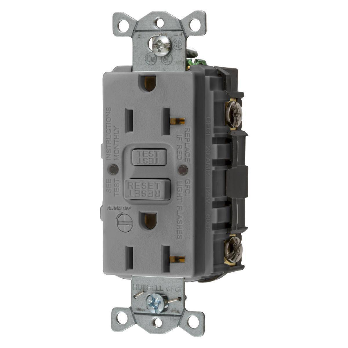 Bryant Electric CIRCUITPRO® GFRST20GYB 1-Phase Decorator Duplex Grounding Heavy Duty Self-Test Standard GFCI Receptacle With Alarm, 125 VAC, 20 A, 2 Poles, 3 Wires, Gray
