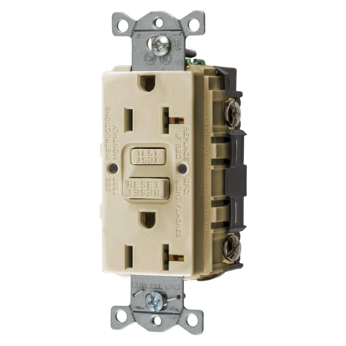 Wiring Device-Kellems GFRST20IBULK 1-Phase Decorator Duplex Heavy Duty Standard Straight Blade Self-Test Screw Mount GFCI Receptacle, 125 VAC, 20 A, 2 Poles, 3 Wires, Ivory