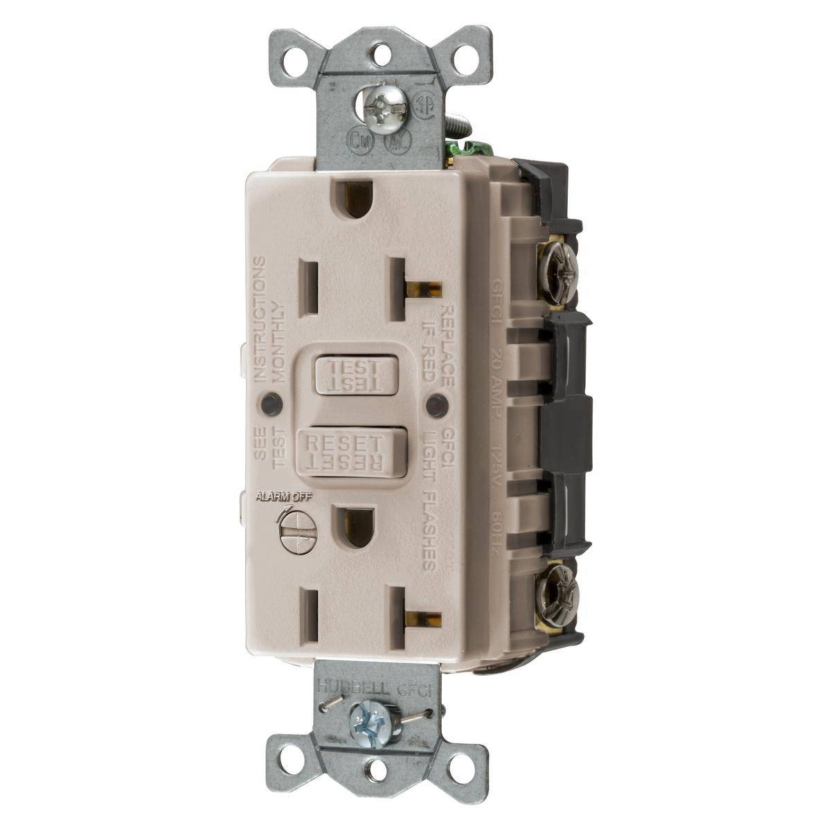 Bryant Electric CIRCUITPRO® GFRST20LAB 1-Phase Decorator Duplex Grounding Heavy Duty Self-Test Standard GFCI Receptacle With Alarm, 125 VAC, 20 A, 2 Poles, 3 Wires, Light Almond