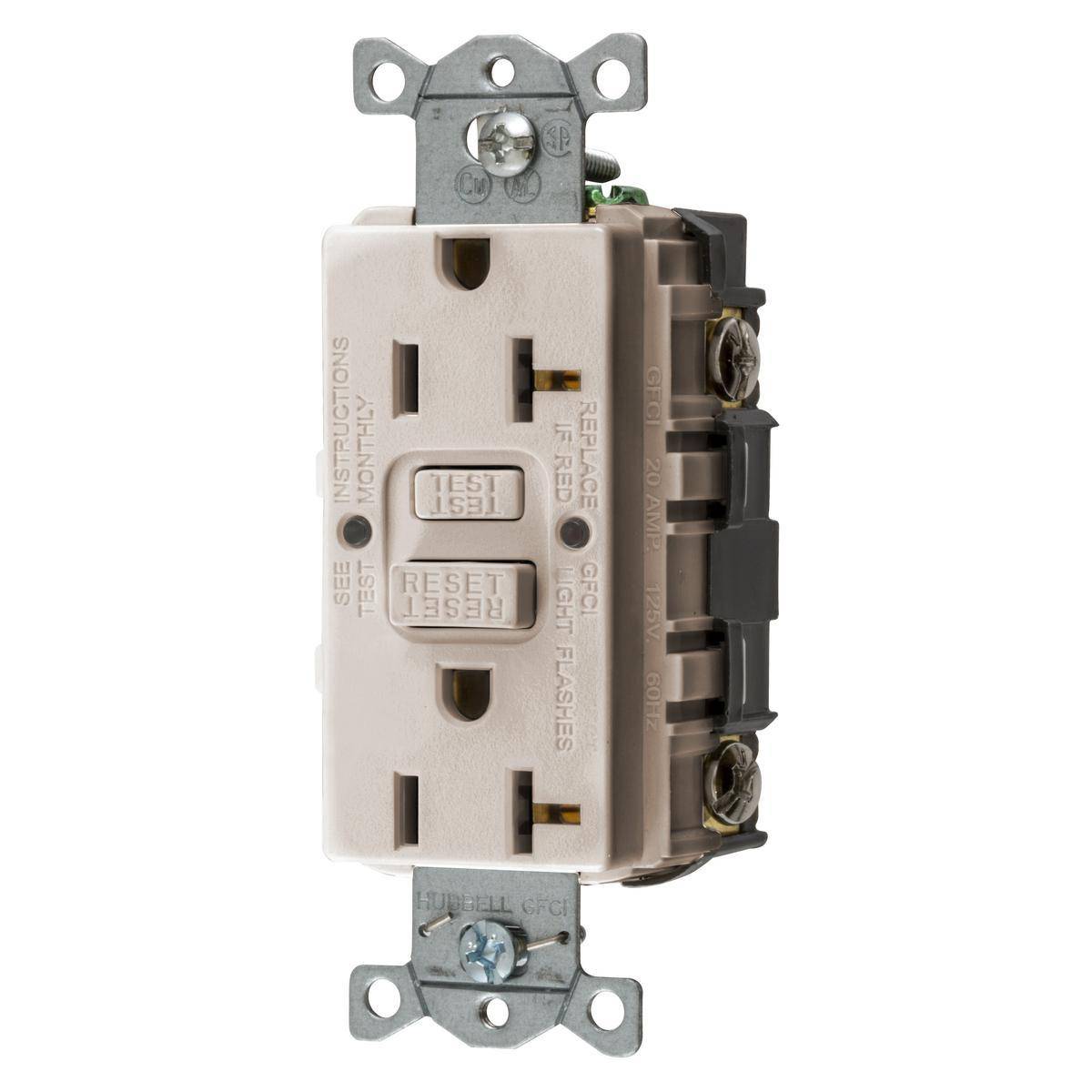 Bryant Electric CIRCUITPRO® GFRST20LA3 Grounding Heavy Duty Self-Test Standard GFCI Receptacle, 125 VAC, 20 A, 2 Poles, 3 Wires, Light Almond
