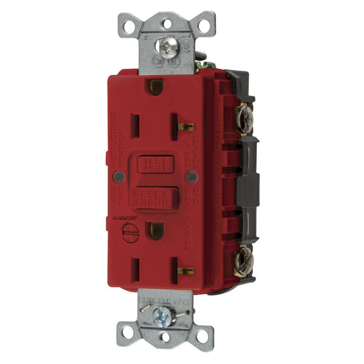 Wiring Device-Kellems AUTOGUARD® Style Line® GFRST20RB 1-Phase Duplex Heavy Duty Self-Test Standard Straight Blade Screw Mount GFCI Receptacle With Alarm, 125 VAC, 20 A, 2 Poles, 3 Wires, Red