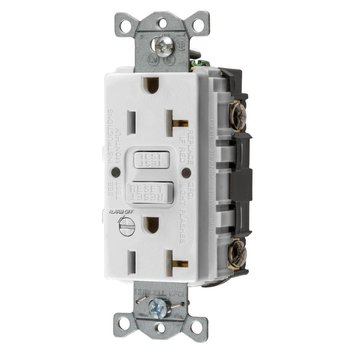Bryant Electric CIRCUITPRO® GFRST20WB Grounding Heavy Duty Self-Test Standard GFCI Receptacle With Alarm, 125 VAC, 20 A, 2 Poles, 3 Wires, White