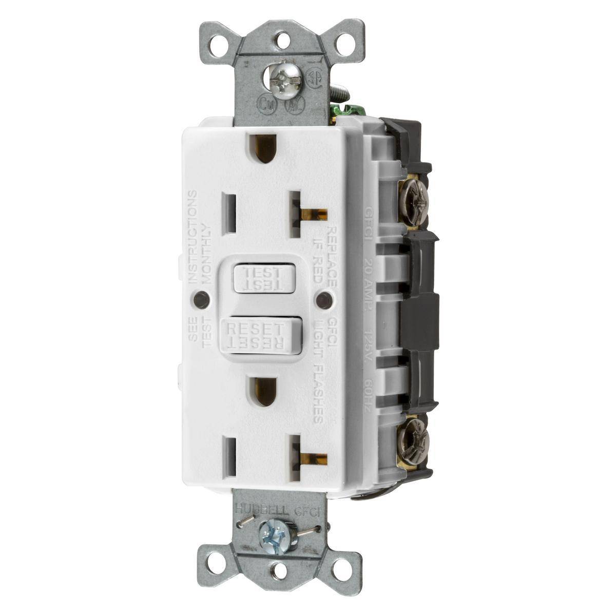 Bryant Electric CIRCUITPRO® GFRST20W3 1-Phase Duplex Grounding Heavy Duty Insulated Self-Test Standard Tamper Resistant GFCI Receptacle With Night Light, 125 VAC, 20 A, 2 Poles, 3 Wires, White