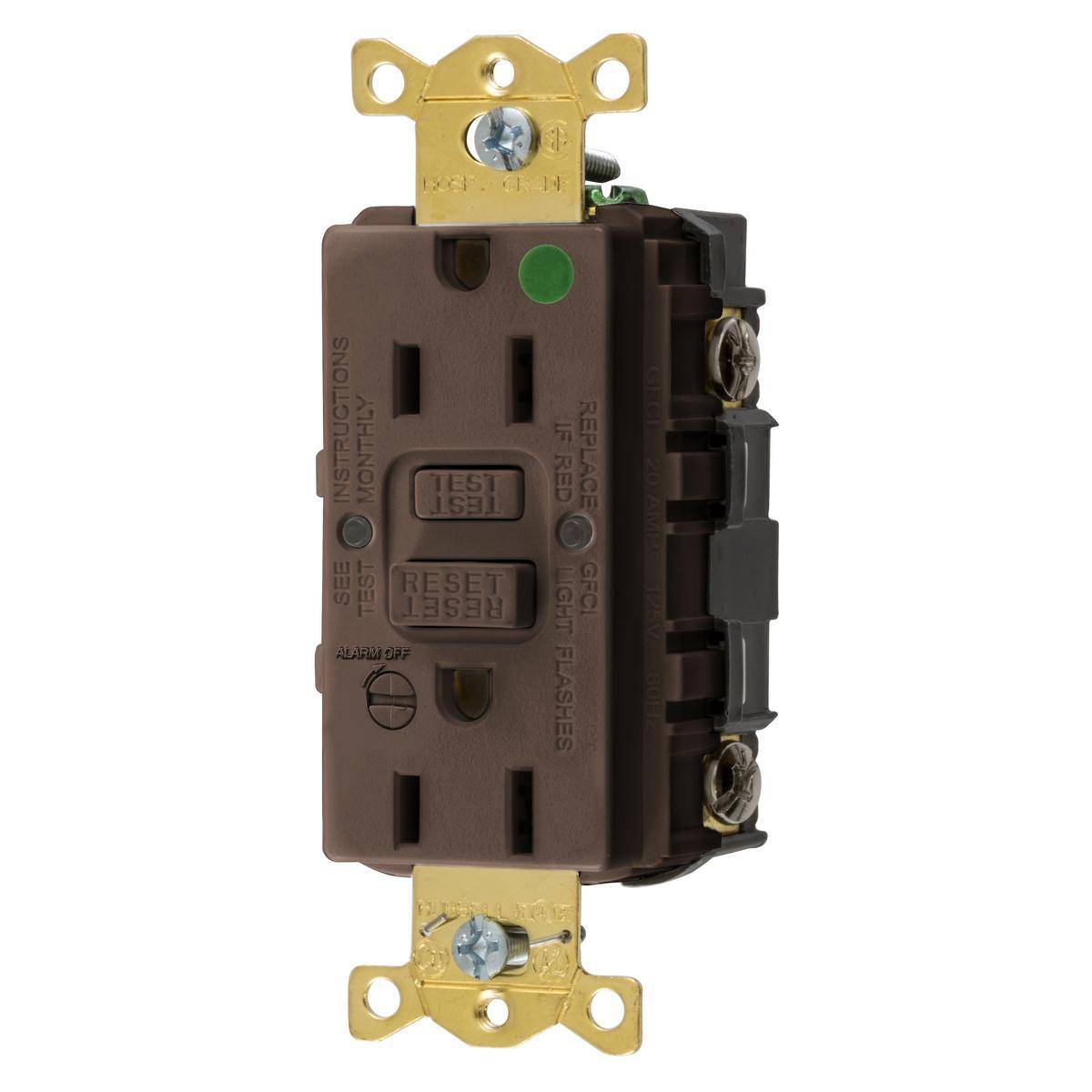 Wiring Device-Kellems AUTOGUARD® Style Line® GFRST82B Self-Test Standard GFCI Receptacle With Alarm, 125 VAC, 15 A, 2 Poles, 3 Wires, Brown