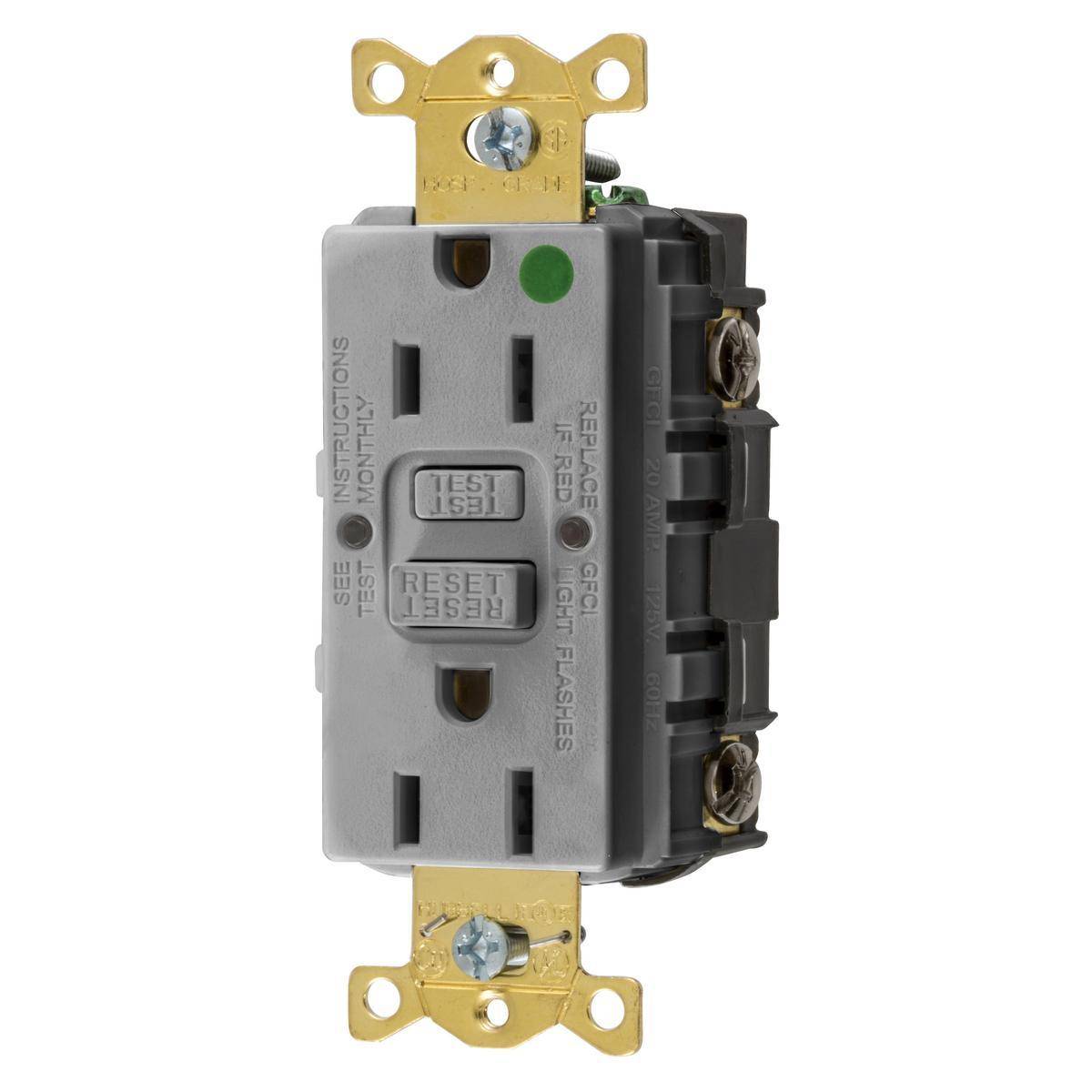 Wiring Device-Kellems GFRST82GY 1-Phase Decorator Duplex Self-Test Standard Screw Mount GFCI Receptacle, 125 VAC, 15 A, 2 Poles, 3 Wires, Gray
