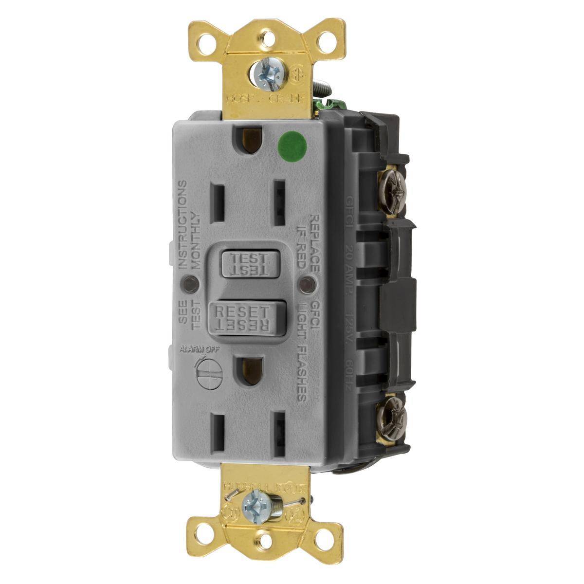 Wiring Device-Kellems AUTOGUARD® Style Line® GFRST82GYB Self-Test Standard GFCI Receptacle With Alarm, 125 VAC, 15 A, 2 Poles, 3 Wires, Gray