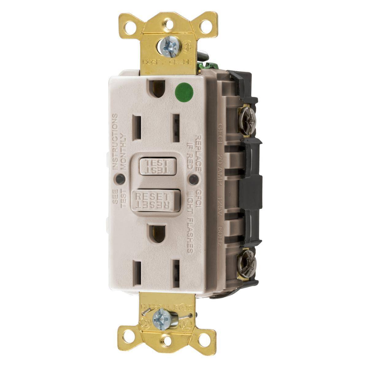 Wiring Device-Kellems GFRST82LA Decorator Duplex Self-Test Standard Straight Blade GFCI Receptacle, 125 VAC, 15 A, 2 Poles, 3 Wires, Light Almond