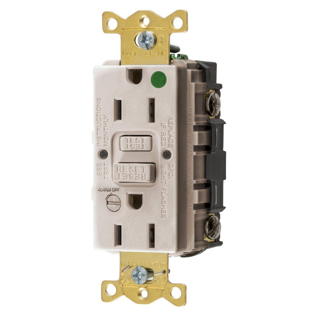 Wiring Device-Kellems AUTOGUARD® Style Line® GFRST82LAB Self-Test Standard GFCI Receptacle With Alarm, 125 VAC, 15 A, 2 Poles, 3 Wires, Light Almond