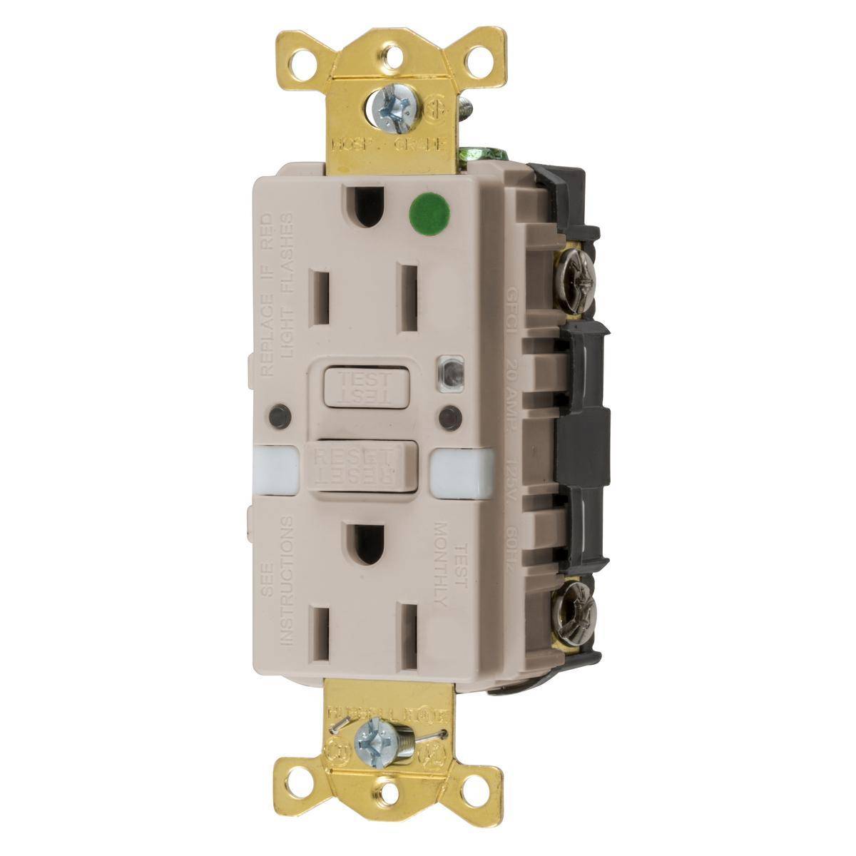 Wiring Device-Kellems AUTOGUARD® Style Line GFRST82LANL Grounding Heavy Duty Standard Self-Test Straight Blade GFCI Receptacle With Two LED Nightlight, 125 VAC, 15 A, 2 Poles, 3 Wires, Light Almond