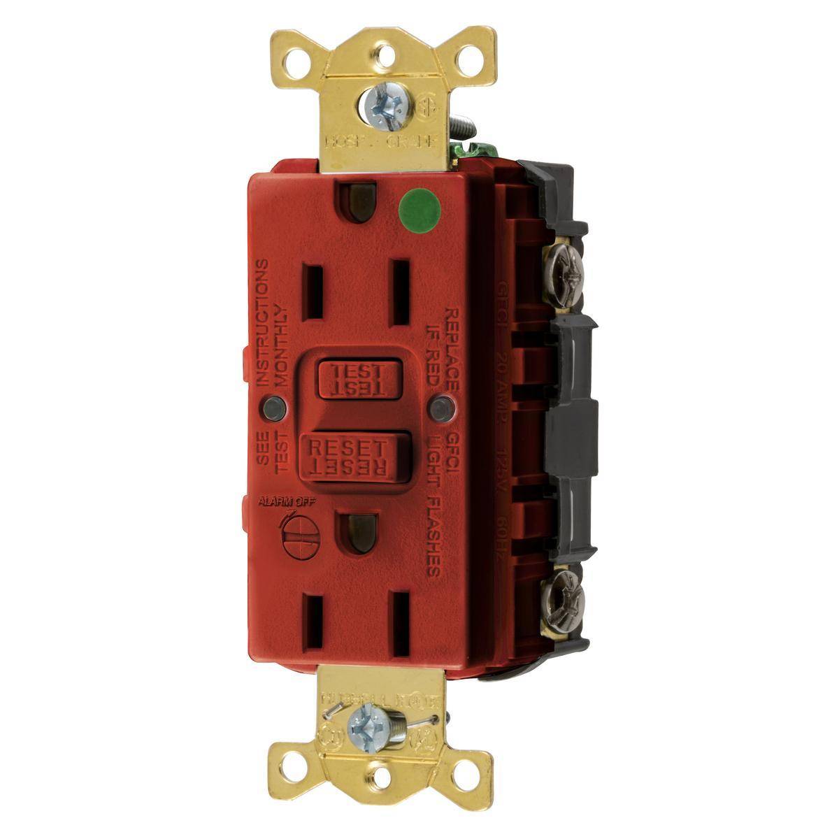 Wiring Device-Kellems AUTOGUARD® Style Line® GFRST82RB Self-Test Standard GFCI Receptacle With Alarm, 125 VAC, 15 A, 2 Poles, 3 Wires, Red