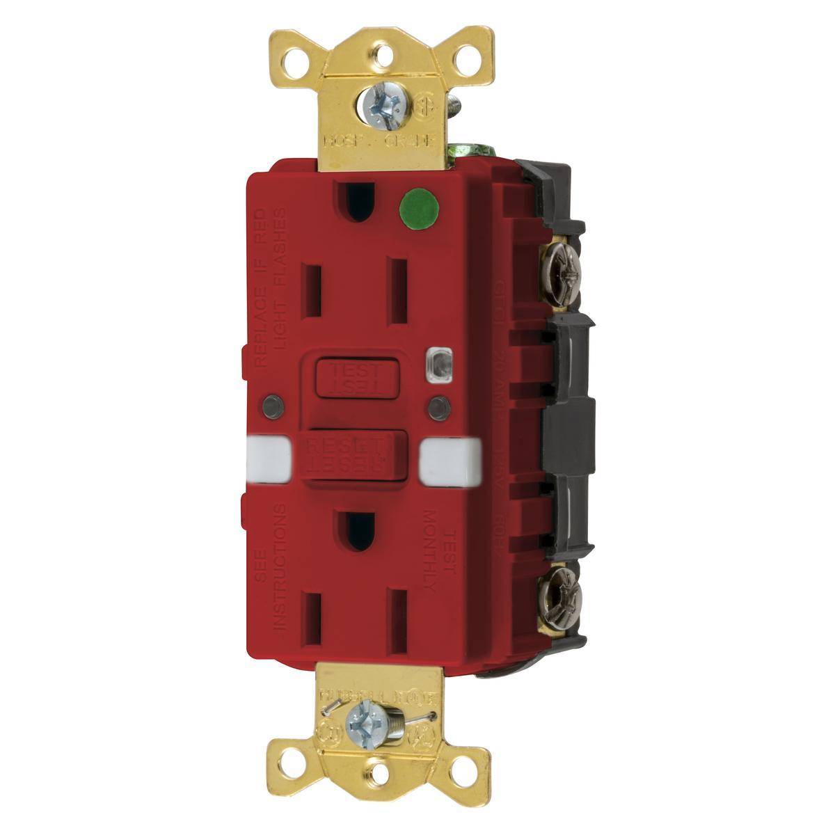 Wiring Device-Kellems GFRST82RNL Grounding Heavy Duty Standard Self-Test Straight Blade GFCI Receptacle, 125 VAC, 15 A, 2 Poles, 3 Wires, Red
