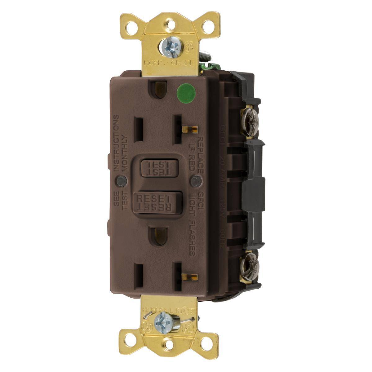 Wiring Device-Kellems AUTOGUARD® Style Line® GFRST83U Self-Test Straight Blade Standard GFCI Receptacle, 125 VAC, 20 A, 2 Poles, 3 Wires, Brown