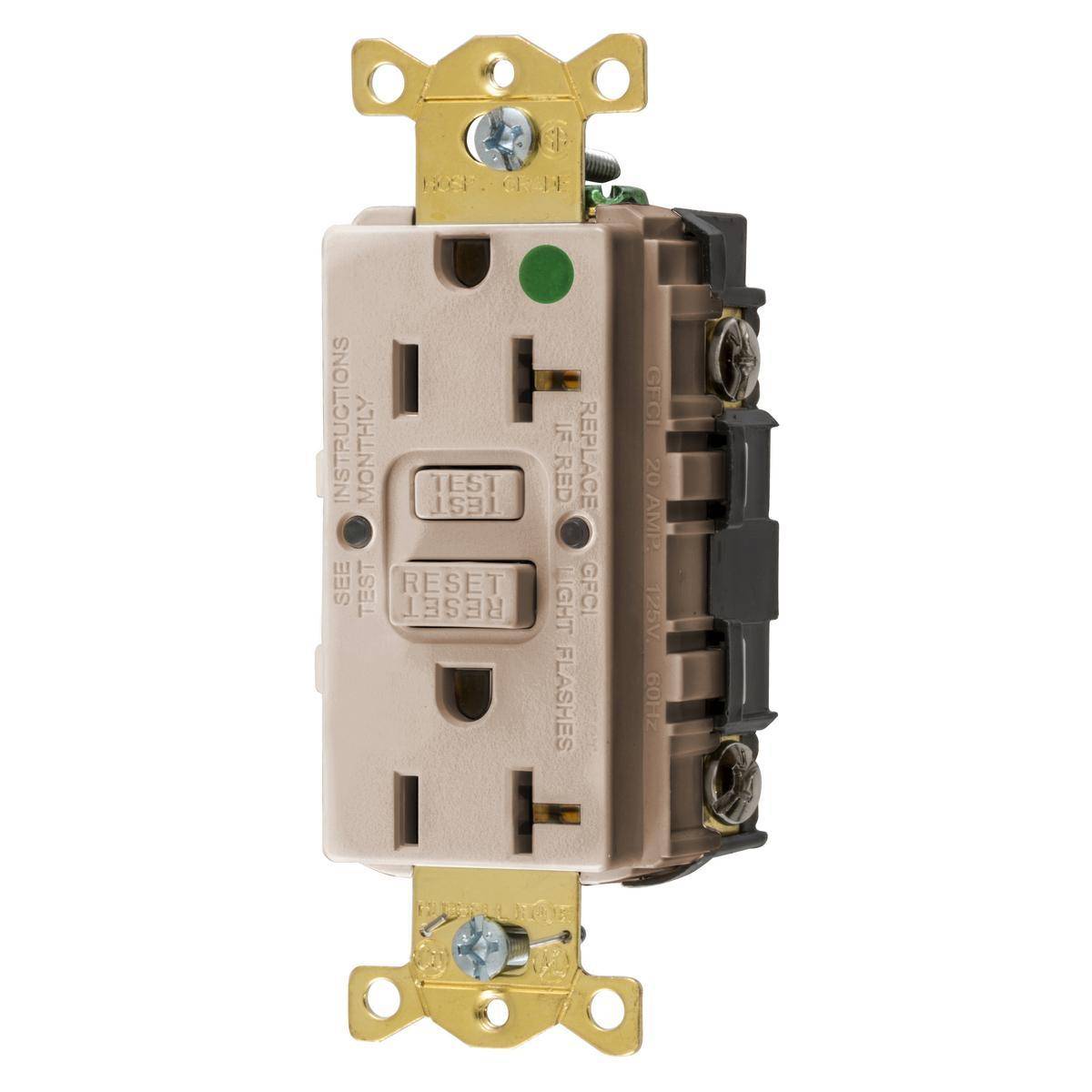Wiring Device-Kellems AUTOGUARD® GFRST83ALU Self-Test Straight Blade Standard Style Line GFCI Receptacle, 125 VAC, 20 A, 2 Poles, 3 Wires, Almond
