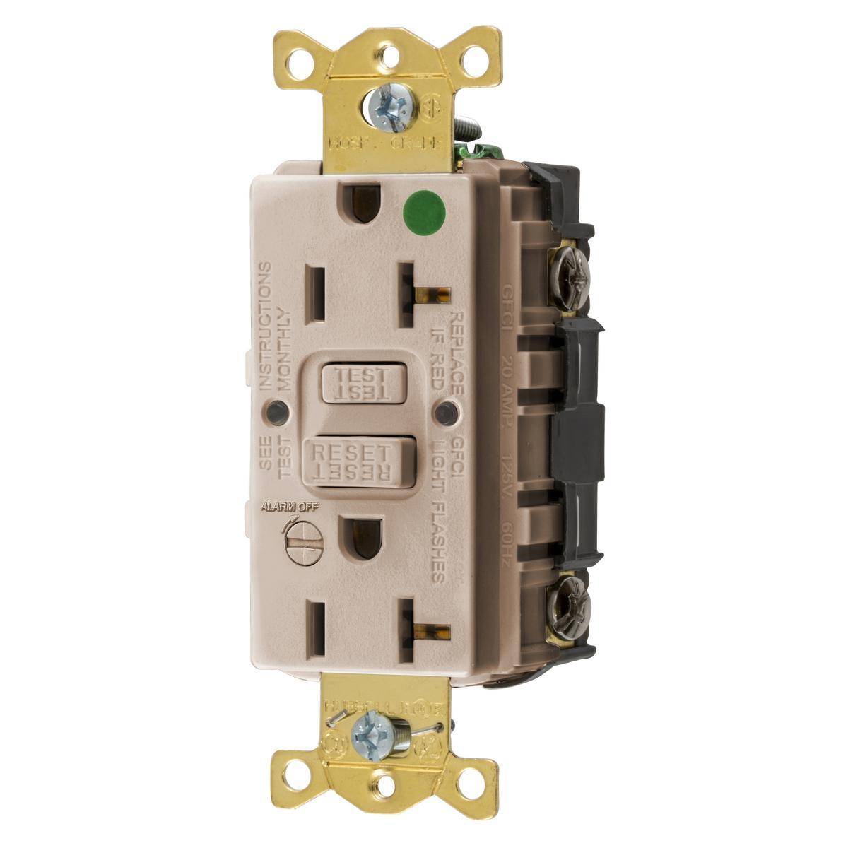 Wiring Device-Kellems AUTOGUARD® GFRST83ALB Self-Test Standard Style Line GFCI Receptacle With Alarm, 125 VAC, 20 A, 2 Poles, 3 Wires, Almond