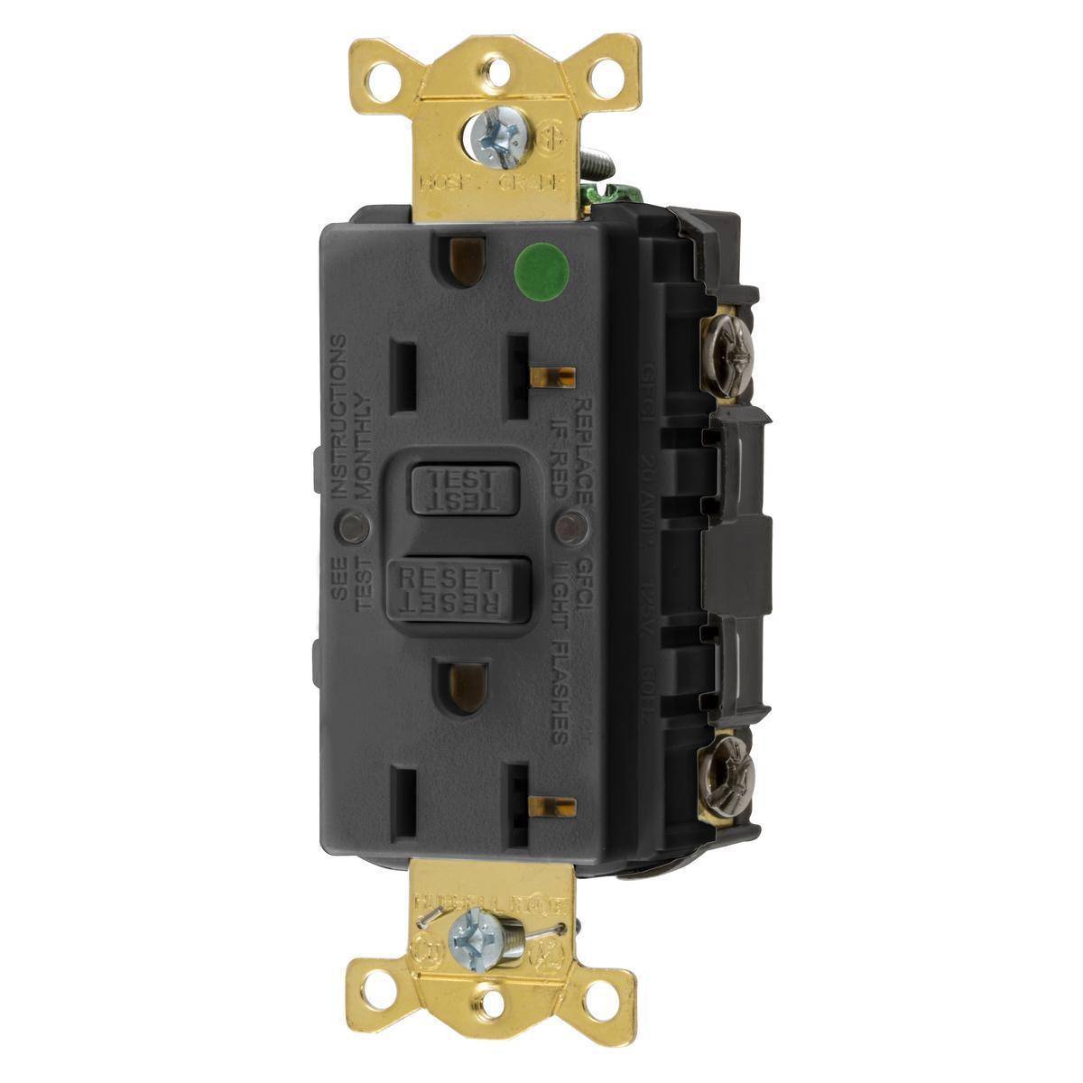 Wiring Device-Kellems GFRST83BK 1-Phase Decorator Duplex Self-Test Standard Straight Blade Screw Mount GFCI Receptacle, 125 VAC, 20 A, 2 Poles, 3 Wires, Black