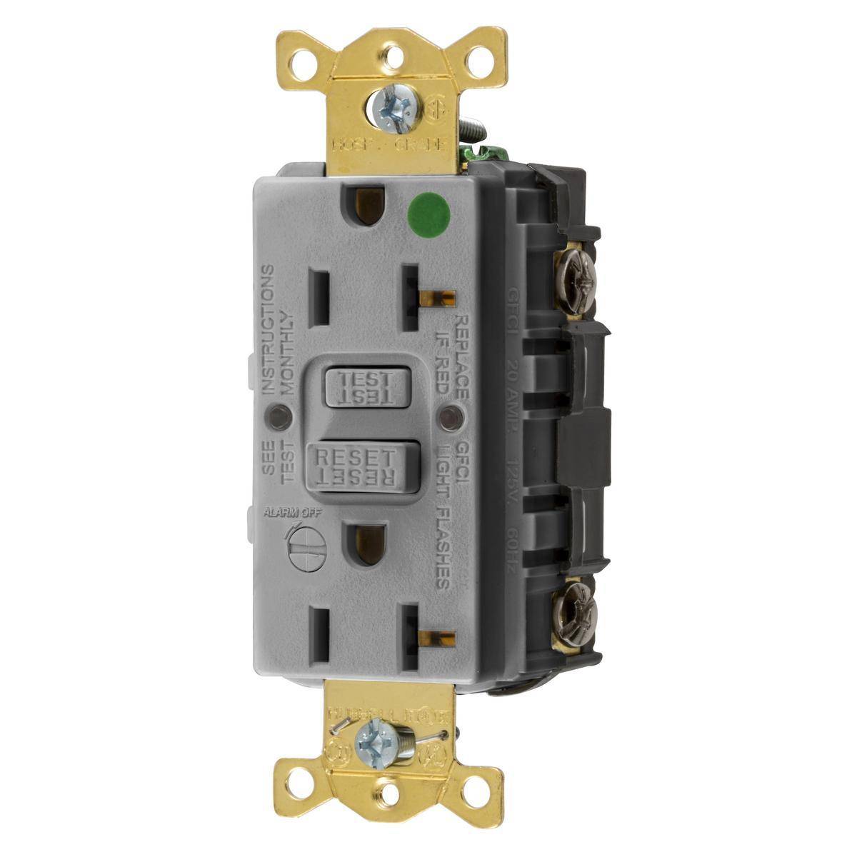 Wiring Device-Kellems AUTOGUARD® Style Line® GFRST83GYB Self-Test Standard GFCI Receptacle With Alarm, 125 VAC, 20 A, 2 Poles, 3 Wires, Gray