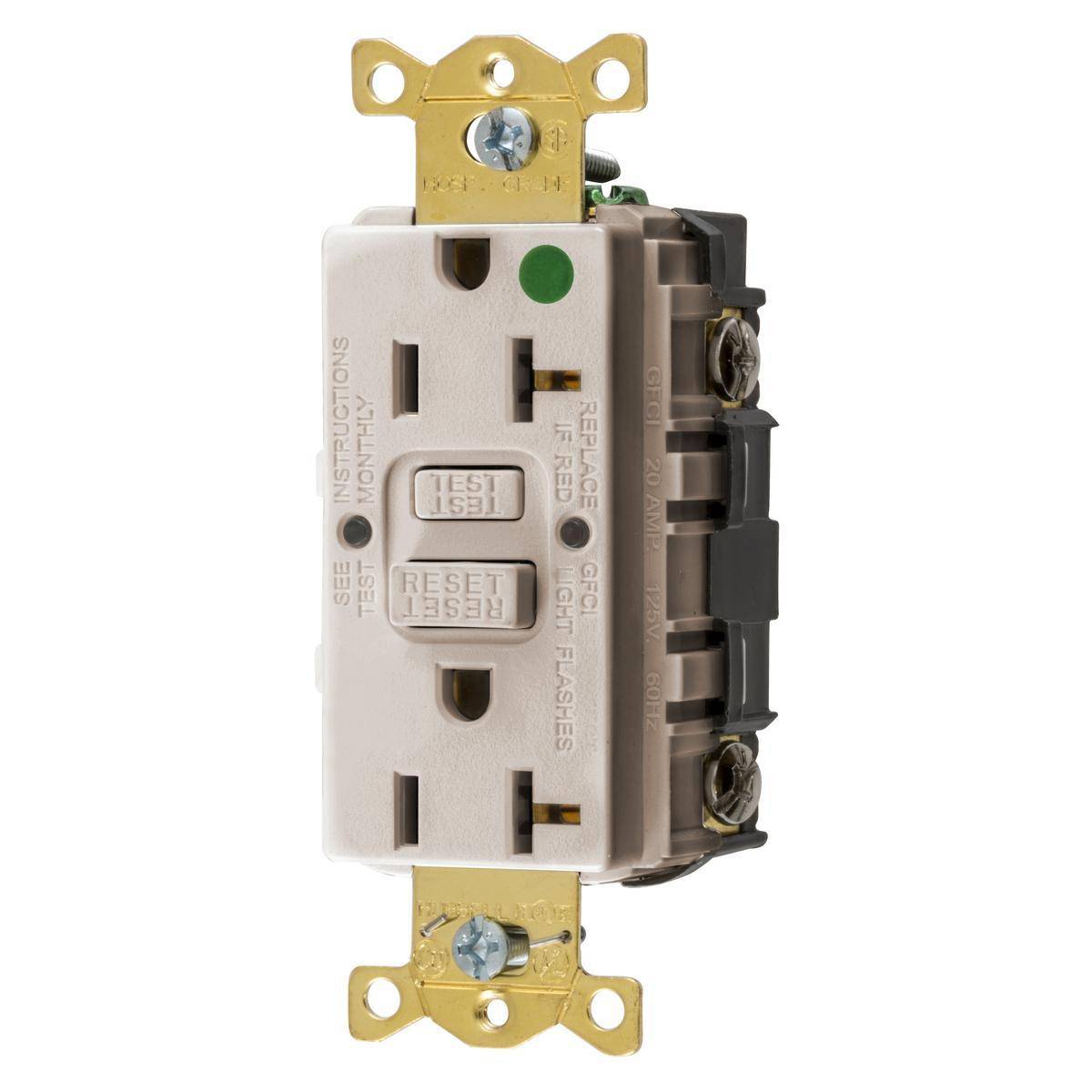 Wiring Device-Kellems GFRST83LA 1-Phase Decorator Duplex Self-Test Standard Straight Blade Screw Mount GFCI Receptacle, 125 VAC, 20 A, 2 Poles, 3 Wires, Light Almond