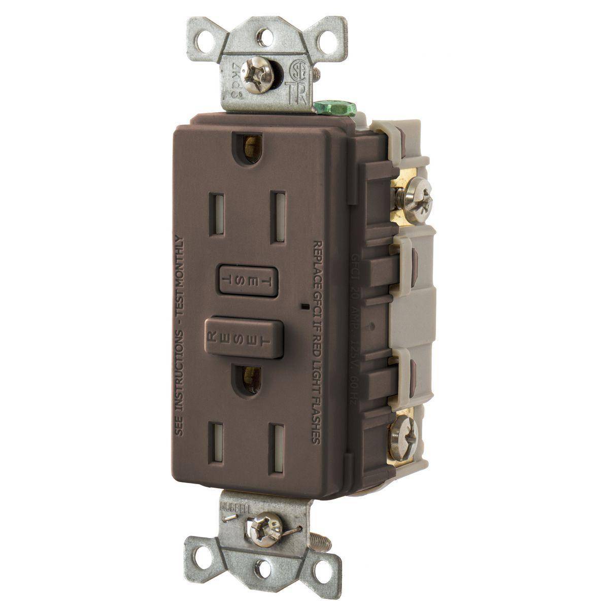 Wiring Device-Kellems Hubbell-PRO™ GFT15 1-Phase Tamper Resistant Screw Mount GFCI Receptacle, 125 VAC, 15 A, 2 Poles, 3 Wires, Brown