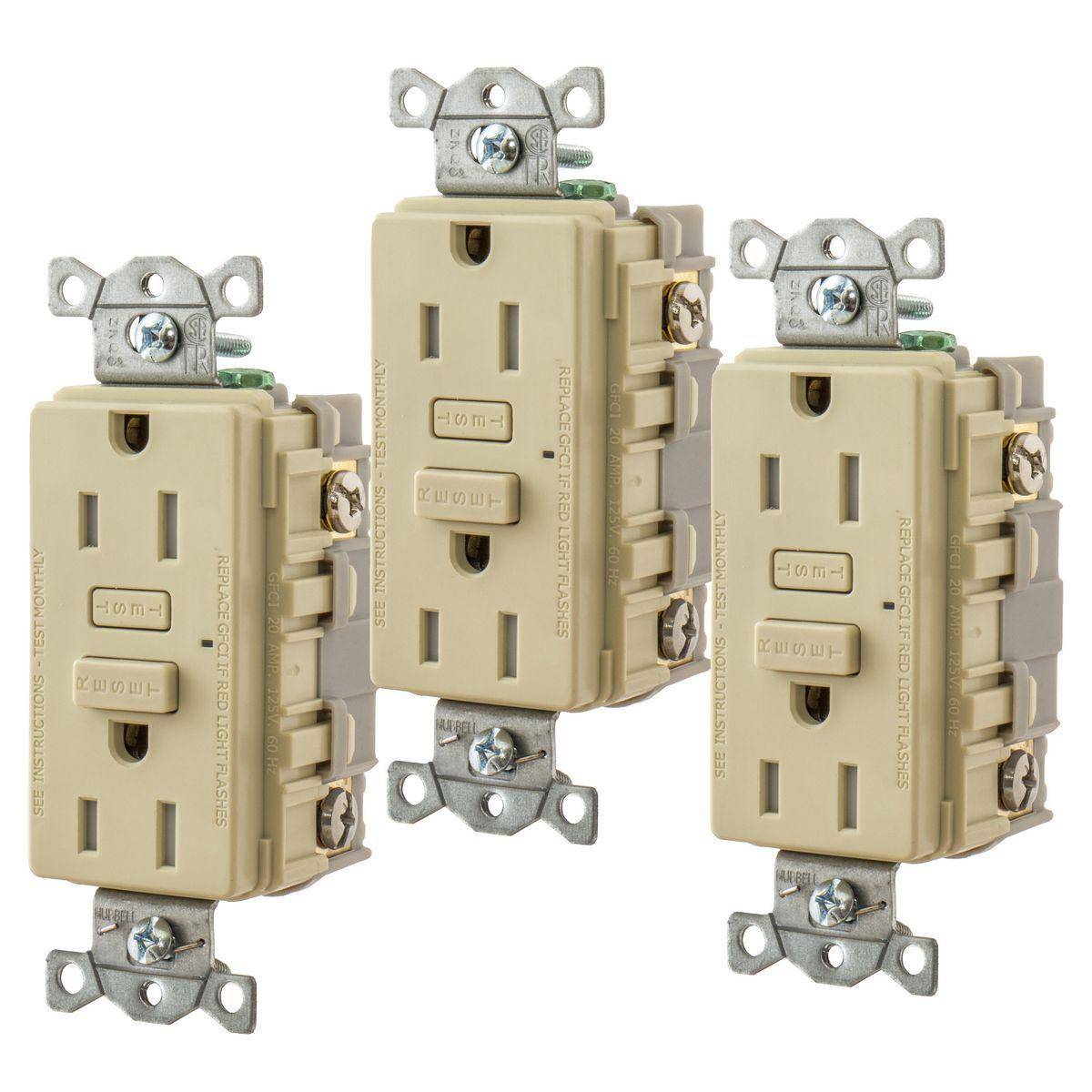 Bryant Electric GFT15I3 1-Phase Decorator Duplex Grounding Self-Test Standard Tamper Resistant GFCI Receptacle, 125 VAC, 15 A, 2 Poles, 3 Wires, Ivory