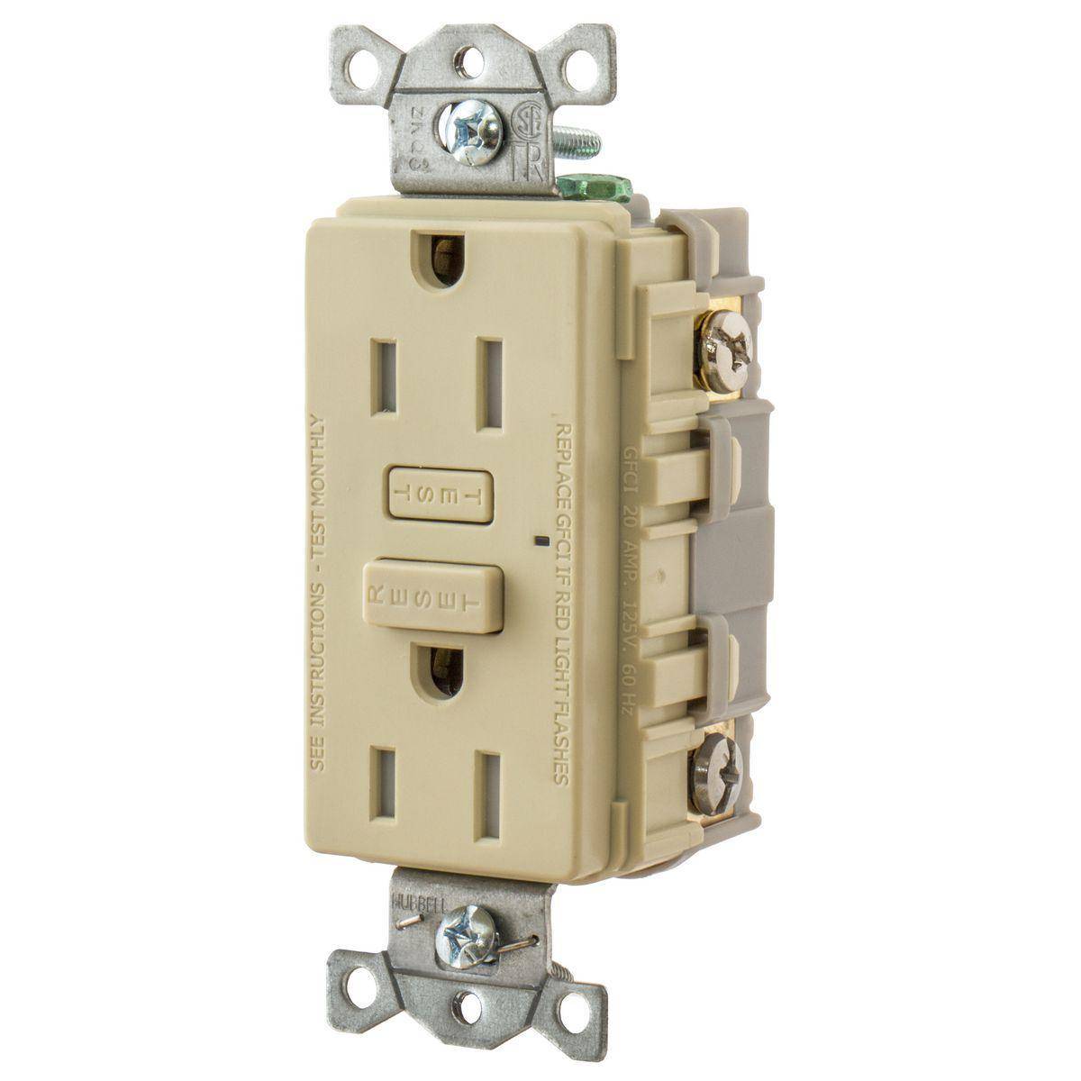 Wiring Device-Kellems Hubbell-PRO GFT15I Tamper Resistant GFCI Receptacle, 125 VAC, 15 A, 2 Poles, 3 Wires, Ivory