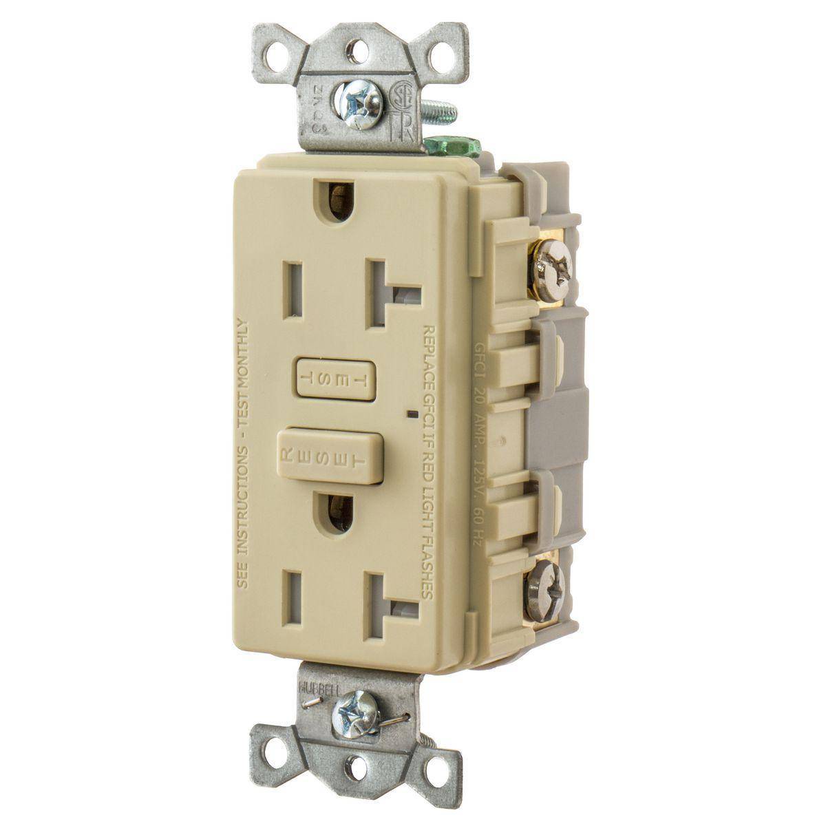 Bryant Electric Hubbell-Pro™ GFT20I 1-Phase Grounding Self-Test Standard Tamper Resistant GFCI Receptacle, 125 VAC, 20 A, 2 Poles, 3 Wires, Ivory