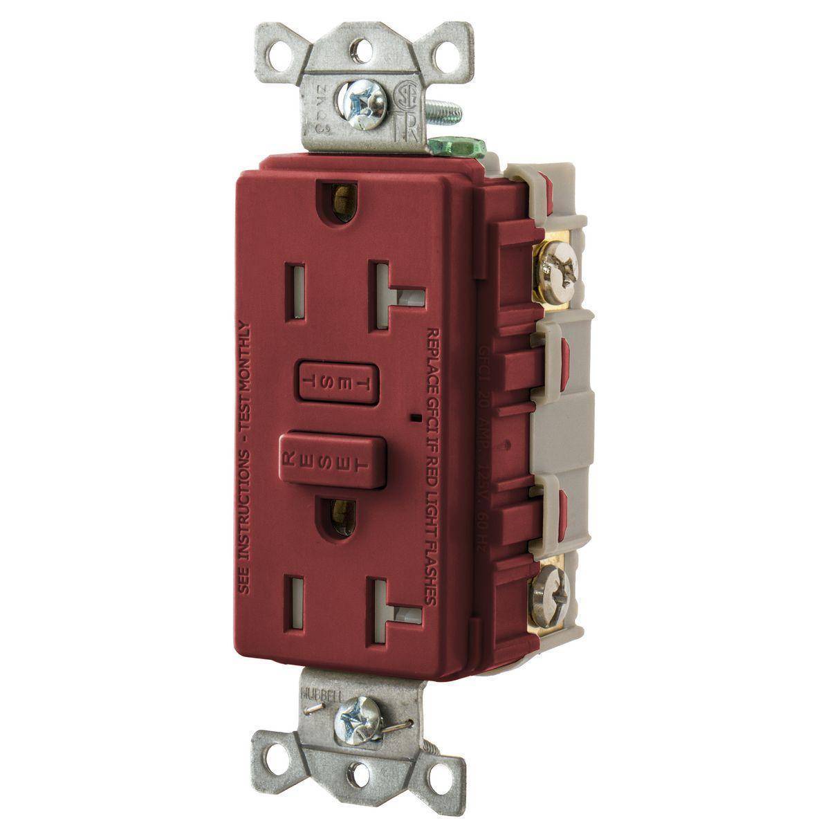 Wiring Device-Kellems Hubbell-PRO™ GFT20R Tamper-Resistant GFCI Receptacle, 125 VAC, 20 A, 2 Poles, 3 Wires, Red