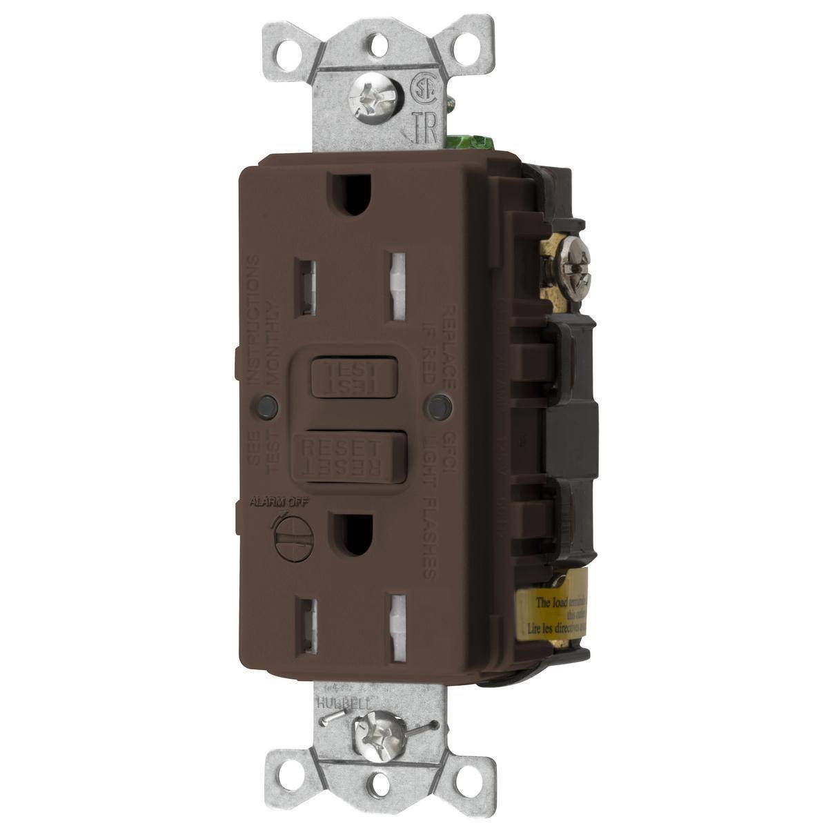 Wiring Device-Kellems AUTOGUARD® Style Line® GFTRST15B 1-Phase Heavy Duty Standard Self-Test Tamper Resistant Screw Mount GFCI Receptacle With Alarm, 125 VAC, 15 A, 2 Poles, 3 Wires, Brown