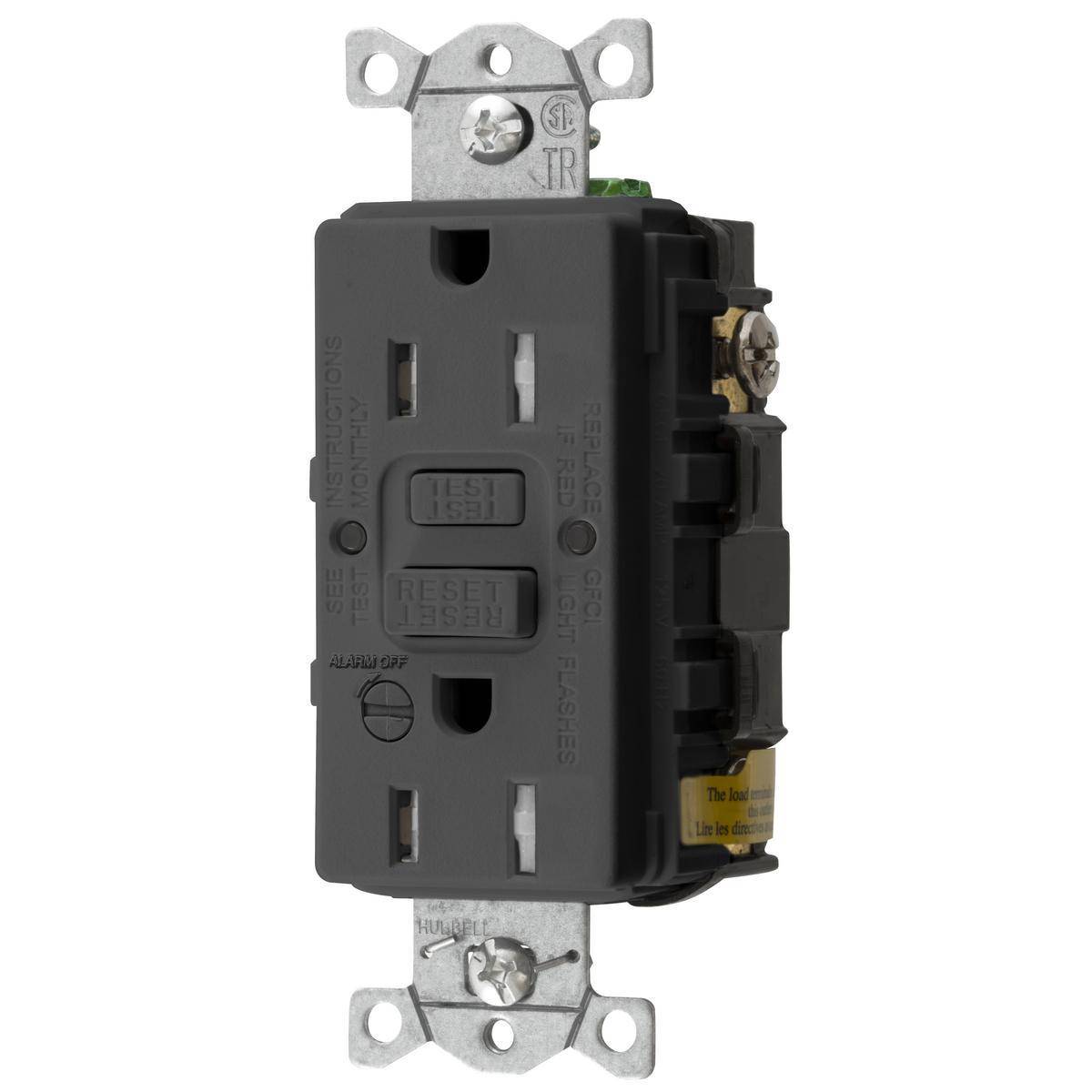 Bryant Electric CIRCUITPRO® GFTRST15BKB 1-Phase Decorator Duplex Grounding Heavy Duty Self-Test Standard Tamper Resistant GFCI Receptacle With Alarm, 125 VAC, 15 A, 2 Poles, 3 Wires, Black