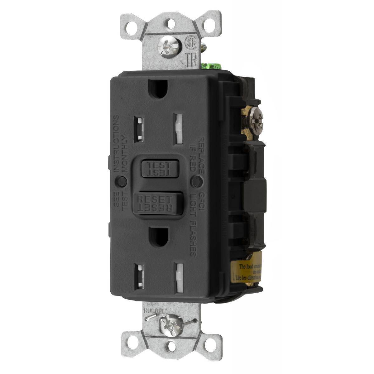 Wiring Device-Kellems GFTRST15BKBULK Decorator Duplex Heavy Duty Standard Straight Blade Self-Test Tamper Resistant GFCI Receptacle, 125 VAC, 15 A, 2 Poles, 3 Wires, Black