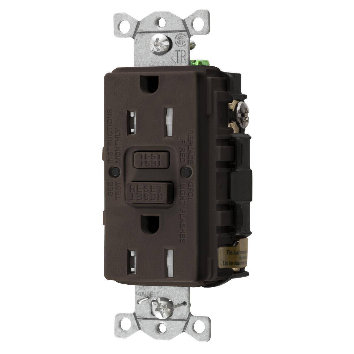 Bryant Electric AUTOGUARD® GFTRST15BULK Auto Grounding Heavy Duty Self-Test Standard Tamper Resistant GFCI Receptacle With Alarm, 125 VAC, 15 A, 2 Poles, 3 Wires, Brown
