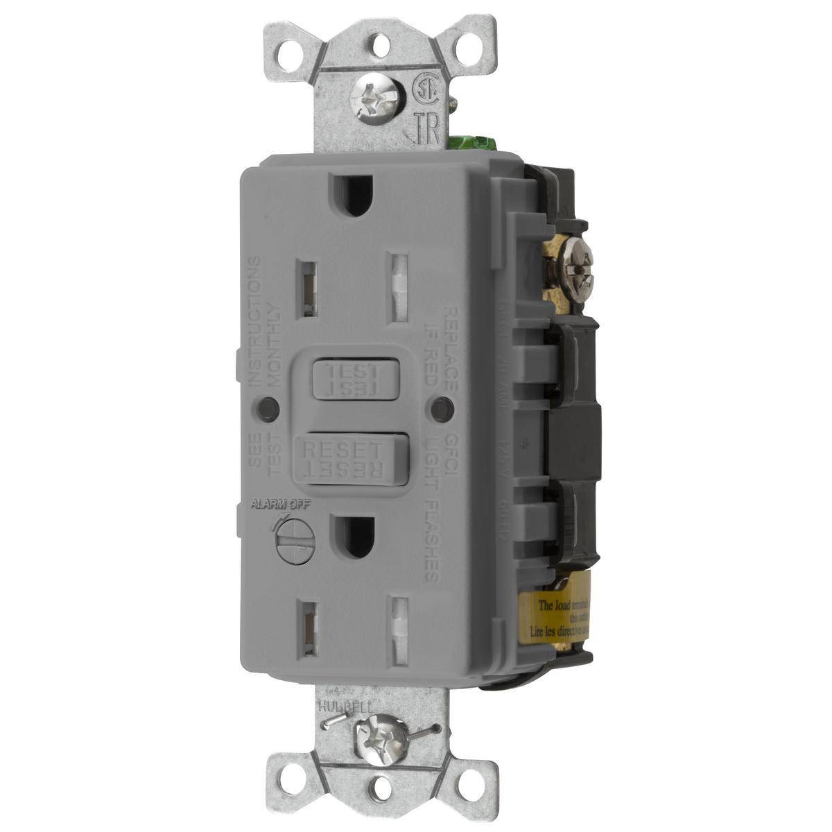 Wiring Device-Kellems AUTOGUARD® Style Line® GFTRST15GYB 1-Phase Heavy Duty Standard Self-Test Tamper Resistant Screw Mount GFCI Receptacle With Alarm, 125 VAC, 15 A, 2 Poles, 3 Wires, Gray