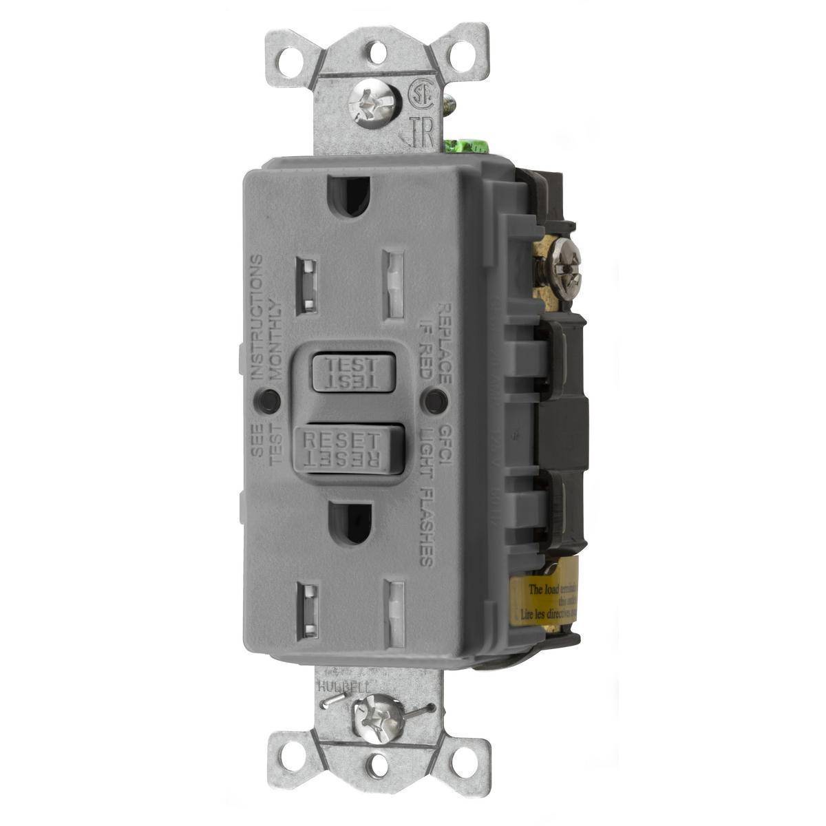 Bryant Electric AUTOGUARD® GFTRST15GY 1-Phase Auto Grounding Decorator Duplex Heavy Duty Self-Test Standard Tamper Resistant GFCI Receptacle, 125 VAC, 15 A, 2 Poles, 3 Wires, Gray