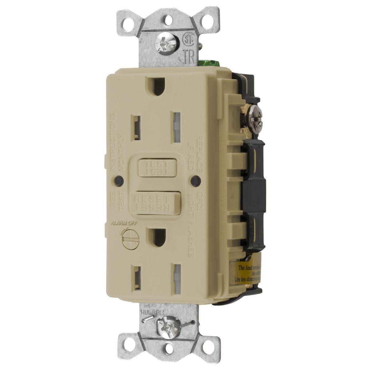 Wiring Device-Kellems AUTOGUARD® Style Line® GFTRST15IB 1-Phase Heavy Duty Standard Self-Test Tamper Resistant Screw Mount GFCI Receptacle With Alarm, 125 VAC, 15 A, 2 Poles, 3 Wires, Ivory