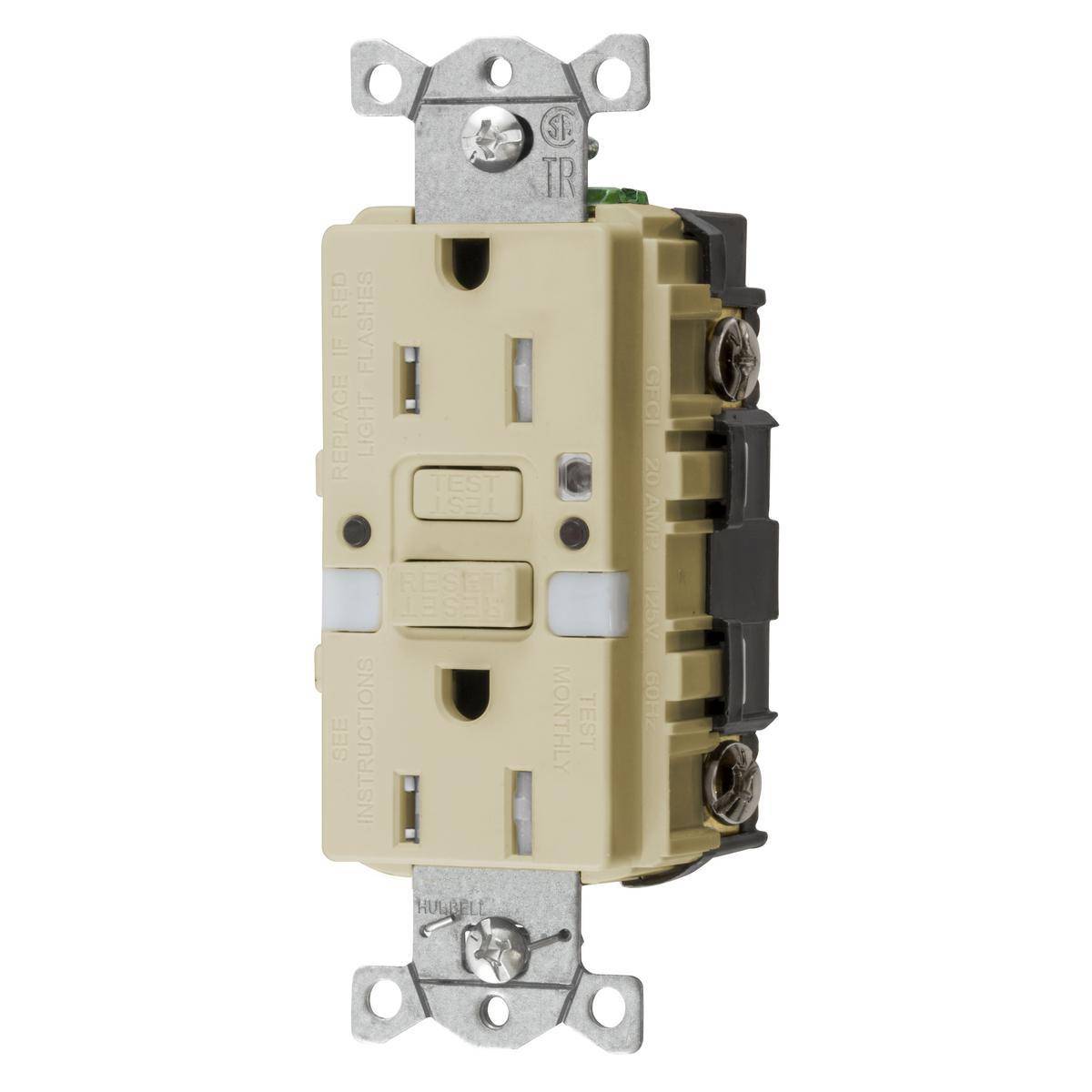 Wiring Device-Kellems GFTRST15INL 1-Phase Decorator Duplex Straight Blade Self-Test Tamper Resistant Standard Screw Mount GFCI Receptacle, 125 VAC, 15 A, 2 Poles, 3 Wires, Ivory