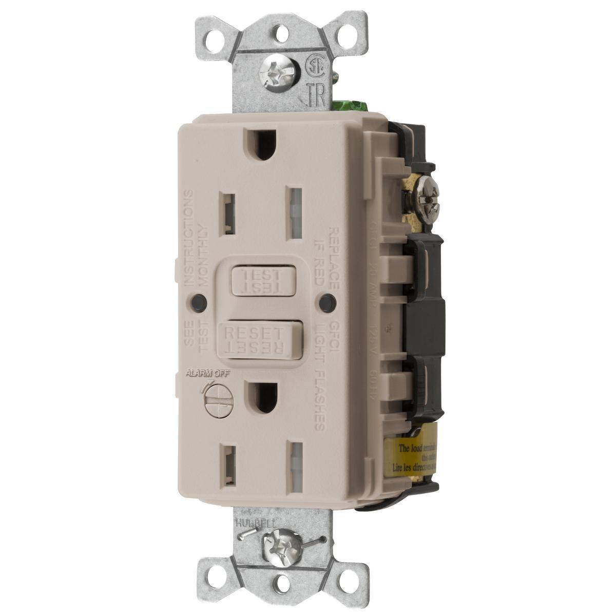 Bryant Electric CIRCUITPRO® GFTRST15LAB 1-Phase Decorator Duplex Grounding Heavy Duty Self-Test Standard Tamper Resistant GFCI Receptacle With Alarm, 125 VAC, 15 A, 2 Poles, 3 Wires, Light Almond