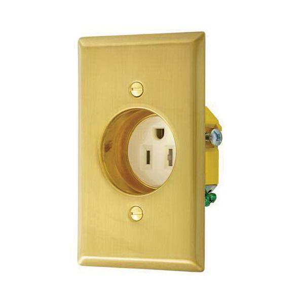 Bryant Electric tradeSELECT® Wiring Device-Kellems RR151CHBSTR 1-Phase Single Straight Blade Standard Tamper-Resistant Clock Hanger Recessed Receptacle, 125 VAC, 15 A, 2 Poles, 3 Wires, Brass