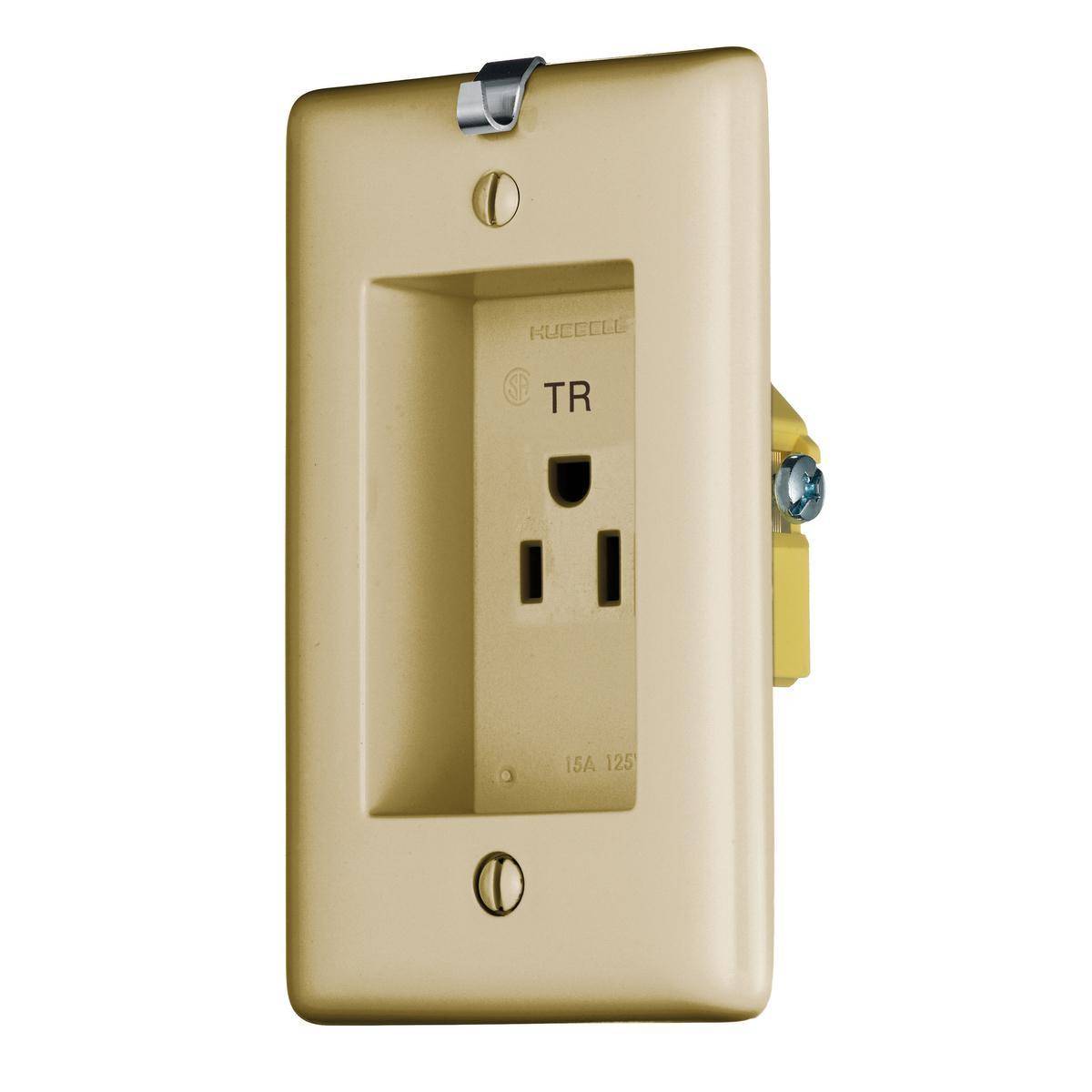 Bryant Electric tradeSELECT® RR151CHITR 1-Phase Grounding Special Use Standard Tamper-Resistant Clock Hanger Receptacle, 125 VAC, 15 A, 2 Poles, 3 Wires, Ivory