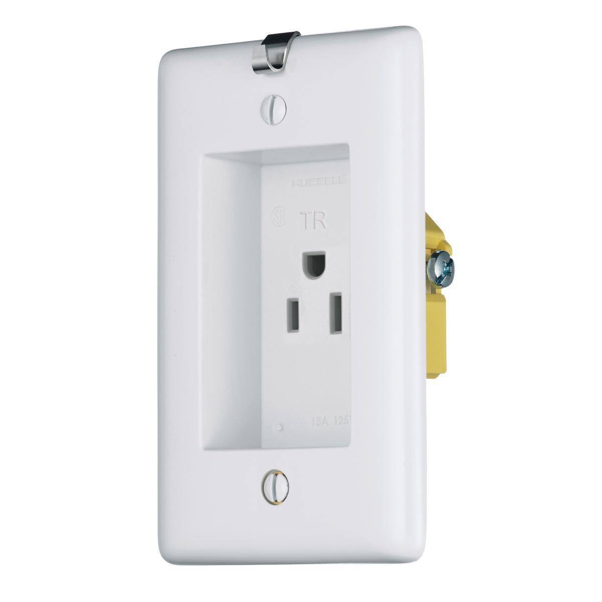 Bryant Electric tradeSELECT® RR151CHWTR 1-Phase Grounding Special Use Standard Tamper-Resistant Clock Hanger Receptacle, 125 VAC, 15 A, 2 Poles, 3 Wires, White