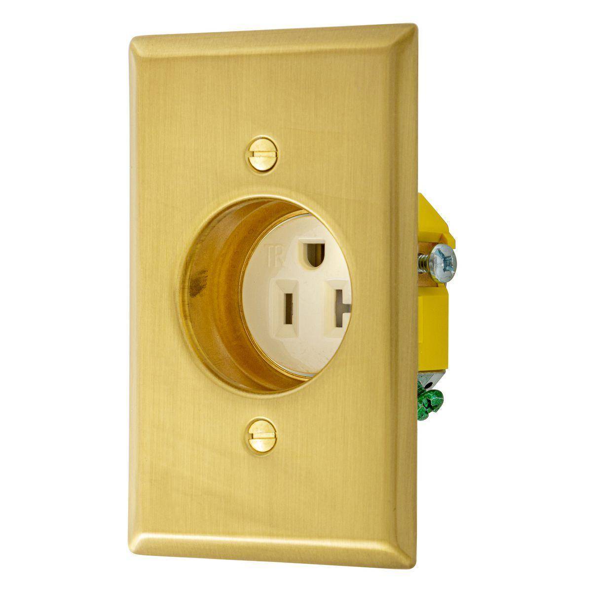 Bryant Electric tradeSELECT® RR201CHBSTR 1-Phase Grounding Special Use Standard Tamper Resistant Clock Hanger Recessed Receptacle, 125 VAC, 20 A, 2 Poles, 3 Wires, Brass