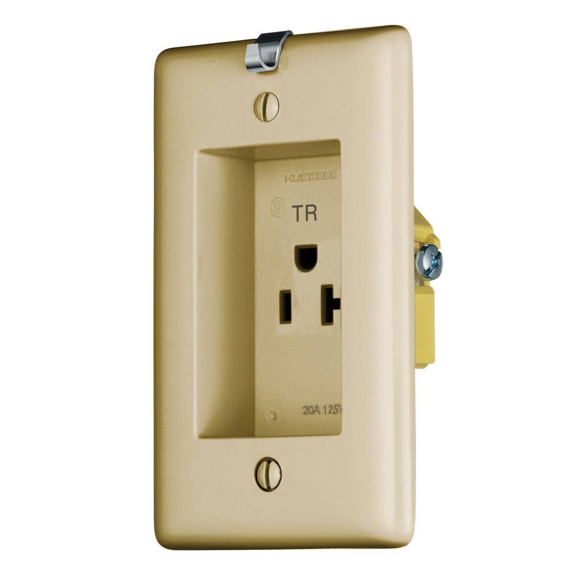 Bryant Electric tradeSELECT® RR201CHITR 1-Phase Grounding Special Use Standard Tamper-Resistant Clock Hanger Receptacle, 125 VAC, 20 A, 2 Poles, 3 Wires, Ivory