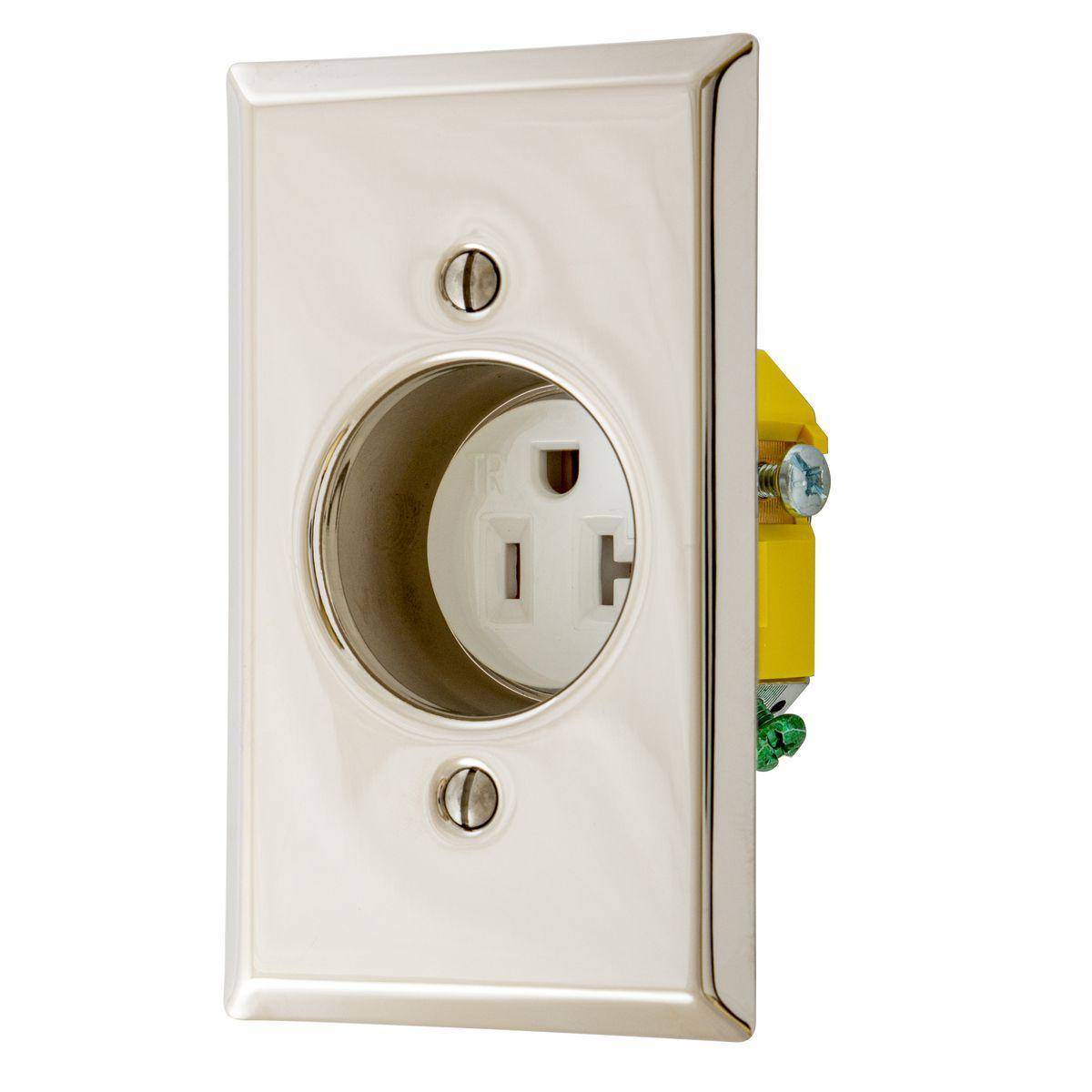 Wiring Device-Kellems RR201CHSSTR Grounding Single Standard Tamper Resistant Screw Mount Clock Hanger Recessed Receptacle, 125 VAC, 20 A, 2 Poles, 3 Wires, Stainless Steel
